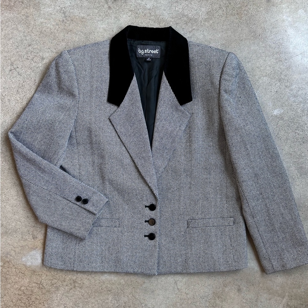 Vintage BG Street Velvet Collar Check Woven Wool Blazer